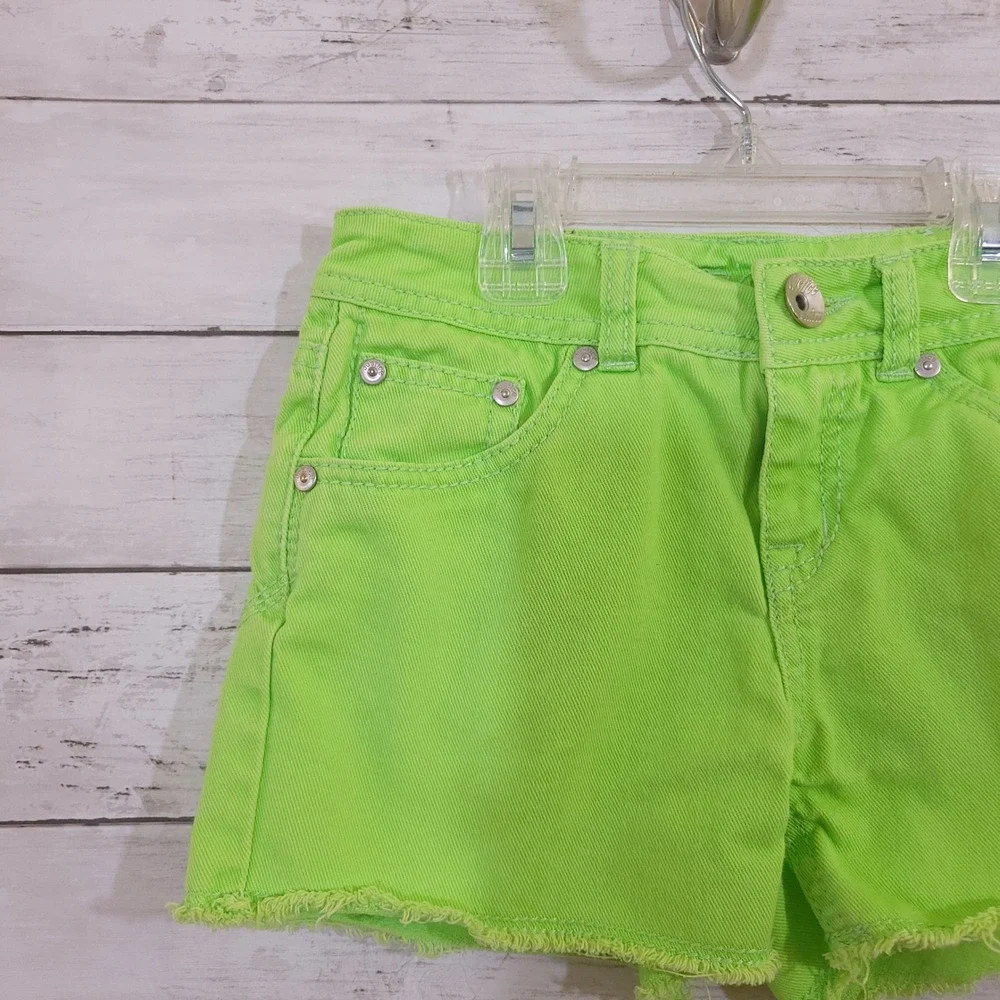 Justice Girls Neon Green Frayed Hem Denim Shorts Size 10R Heart Embroidery